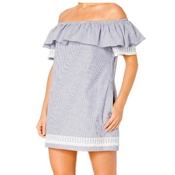 Tahari Dresses & Skirts - Tahari Cotton Blue and White Striped Off Shoulder Ruffled Dress 100% Cotton